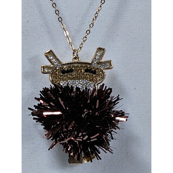 Reindeer Necklace & Earrings Set Brown  Pom Pom Multi Color Rinestone Holiday - Picture 8 of 10